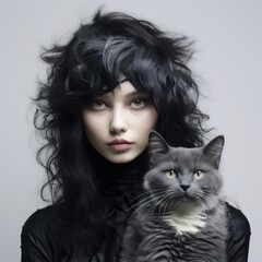 a woman with long black hair and a cat