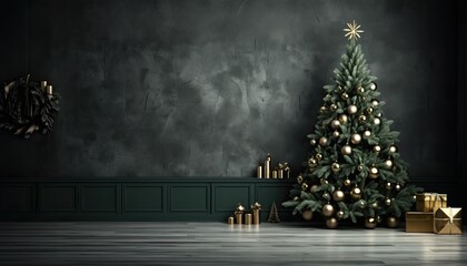 Backdrop for studio photo, christmas tree and gifts on green background