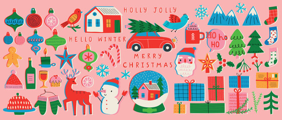 Christmas set of graphic elements, hand drawn style - cute objects, snowmen, Santa Claus and other elements.