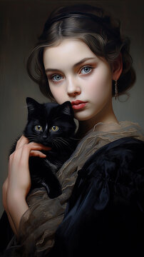 young gothic girl, make up, holding a cat, figurative painter, fineart, oldschool, vintage.