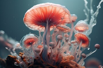 a group of pink mushrooms