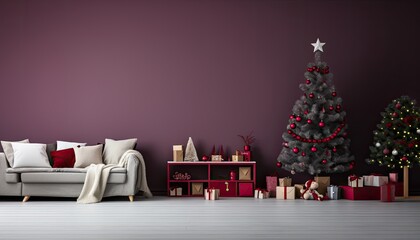 Backdrop for studio photo, christmas tree and gifts on burgundy background
