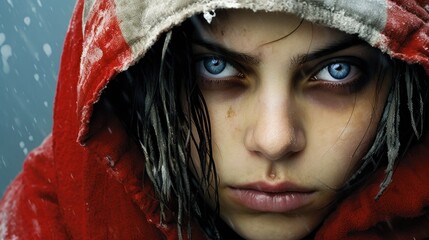 a close up of a woman with blue eyes