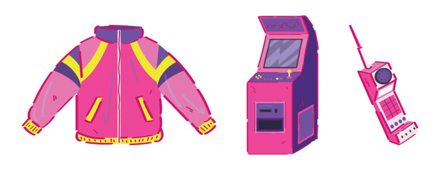 Retro sports jacket with stand up arcade machine and first mobile phone on white background