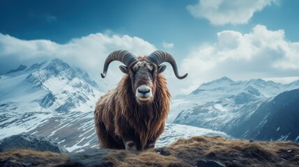 a ram with horns standing on a mountain - obrazy, fototapety, plakaty