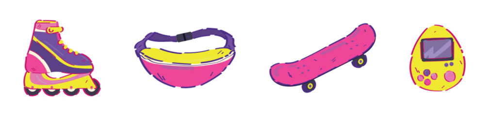 Collage of symbols of 90s on white background