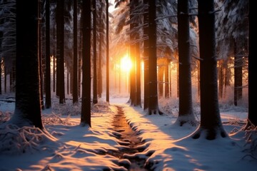 Sunset in the wood between the trees strains in winter period. generative ai.