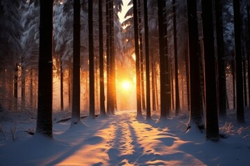 Sunset in the wood between the trees strains in winter period. generative ai.