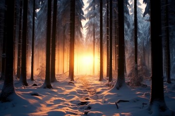 Sunset in the wood between the trees strains in winter period. generative ai. - obrazy, fototapety, plakaty