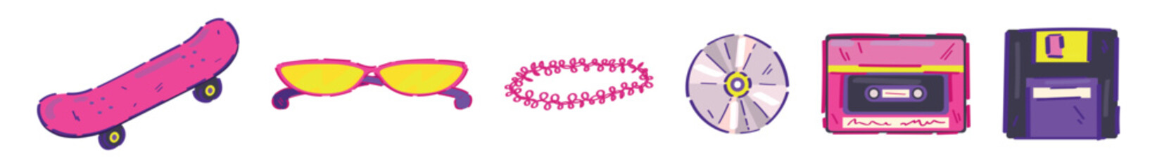 Collage of symbols of 90s on white background