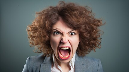 a woman with curly hair screaming - obrazy, fototapety, plakaty