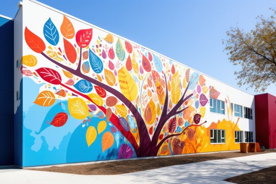 a wall painted with leaves