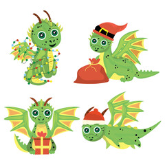 Collage of cute New Year dragon on white background