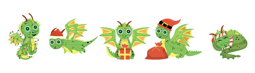 Collage of cute New Year dragon on white background