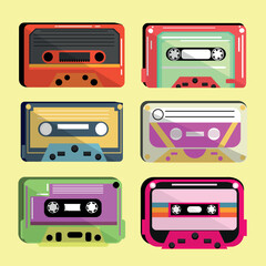 Set of audio cassettes on yellow background