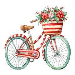 Fototapeta na wymiar Christmas themed decorated bicycle, isolated, with a peppermint style striped design