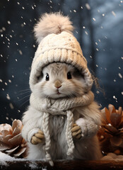 Festive Bunny in a Knitted Hat, A Charming Winter Greeting Card