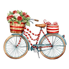 Fototapeta na wymiar Christmas themed decorated bicycle, isolated, with a peppermint style striped design