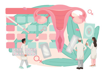 Drawn female uterus with doctors and pills on white background
