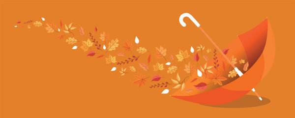 Umbrella and autumn leaves on orange background © Pixel-Shot