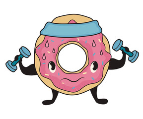 Cute donut training with dumbbells on white background