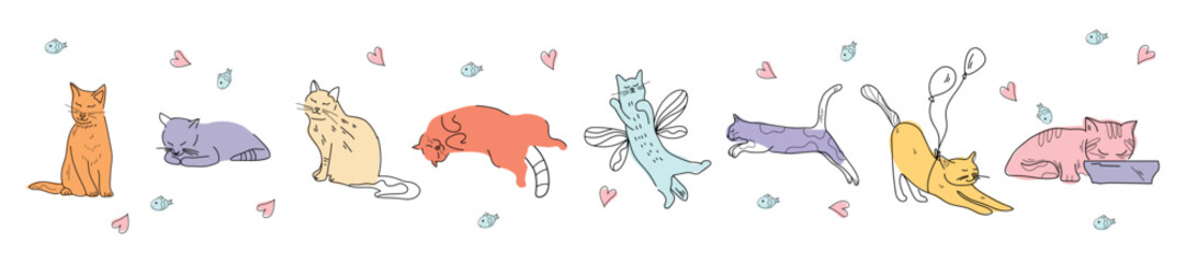 Set of many cute cats on white background