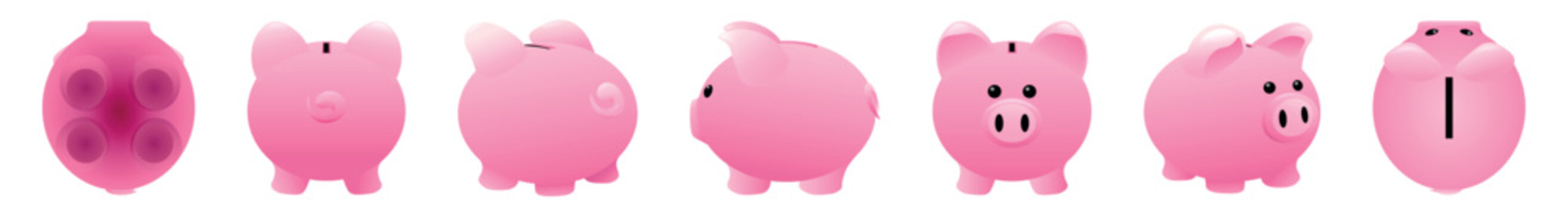 Set Of Pink Piggy Bank On White Background