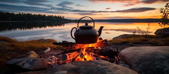 Coffee brewing on a campfire in Lapland Finland in Northern Europe With copyspace for text