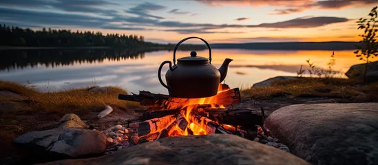 Tuinposter Noord-Europa Coffee brewing on a campfire in Lapland Finland in Northern Europe With copyspace for text