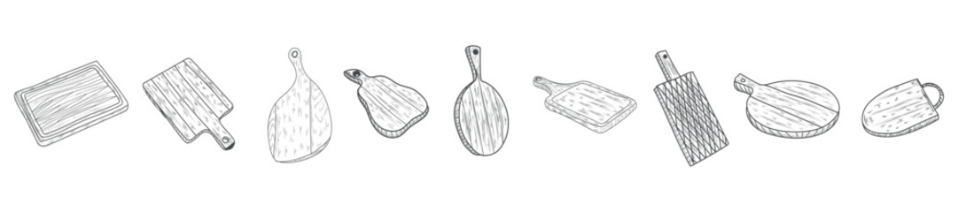 Set of different drawn wooden cutting boards on white background
