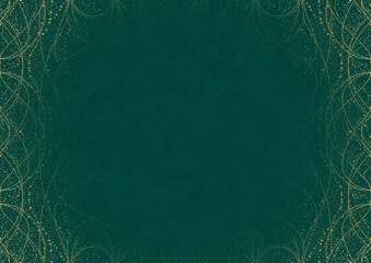 Dark cold green textured paper with vignette of golden hand-drawn pattern with golden glitter splatter. Copy space. Digital artwork, A4. (pattern: p10-2b)