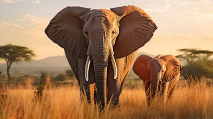 Foto op Aluminium The majesty of African elephants, showcasing their gentle nature in the savannah. Generative AI © Godam