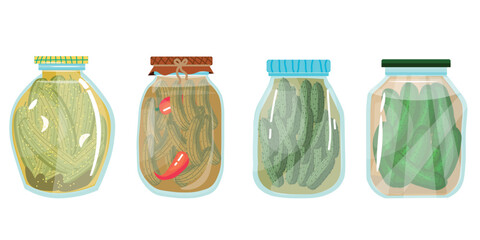 Set of pickled cucumbers on white background