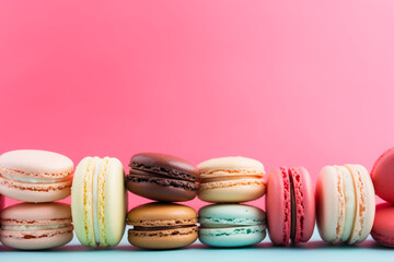 Fototapeta na wymiar Many different macaroons on solid color background with copy space. horizontal composition
