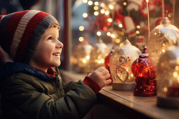 A smiling boy child at a Christmas market looking at christmas ornaments