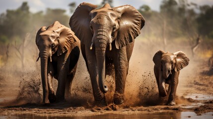Wild elephant behavior, featuring mud baths and protective mothers with their calves. Generative AI