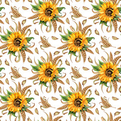 Watercolor floral illustration. Pattern of sunflowers, wheat ears and grains isolated on a white background. Design for advertising, beer festival, packaging, label, harvest festival.