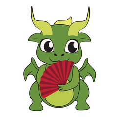 Cute little dragon with Chinese fan on white background