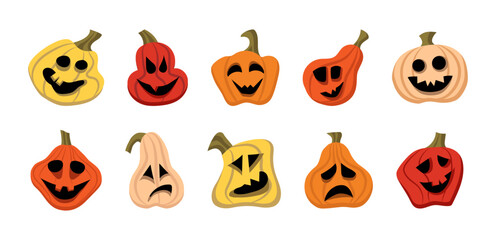 Set of scary Halloween pumpkins on white background
