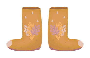 Orange autumn rubber boots, ginger fall shoes with leaves, color vector illustration in boho style
