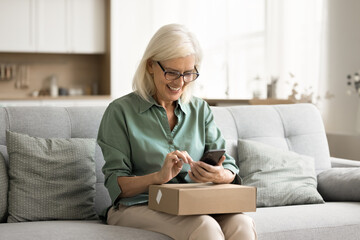 Cheerful old retired consumer woman getting purchase from Internet store, holding paper box on lap, using smartphone, giving positive review, feedback to delivery logistic service, Internet store - obrazy, fototapety, plakaty