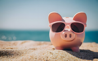 Fototapeta na wymiar Piggy bank wearing sunglasses at the beach