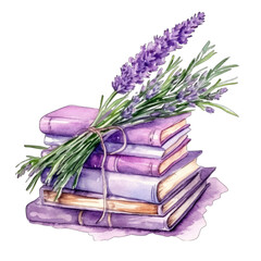 Stack of books with a bunch of lavender - isolated on transparent background