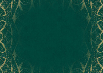 Dark cold green textured paper with vignette of golden hand-drawn pattern with golden glitter splatter. Copy space. Digital artwork, A4. (pattern: p10-4b)