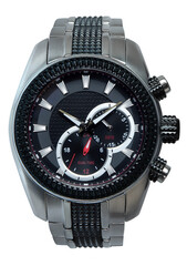 silver black face wrist watch with stainless steel watch strap in PNG format on transparent background.
