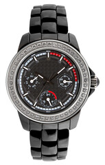 Luxury expensive black and silver wristwatch men with diamonds and red color isolated on transparent png background.