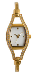Luxury golden women wrist watch with diamonds isolated on transparent png background.