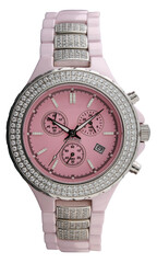 Luxury pink, silver and white wrist watch women with diamonds in png format isolated on transparent background.