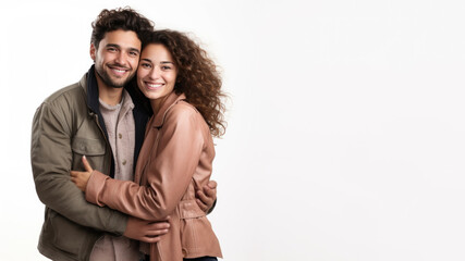Fototapeta premium Couple Romantic standing side by side and hugging, isolated on white