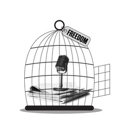 Freedom of speech. Newspapers and microphone in cage on white background